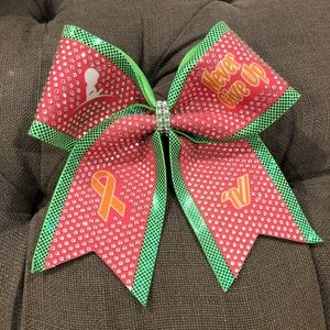 Varsity pink and green cheer bow